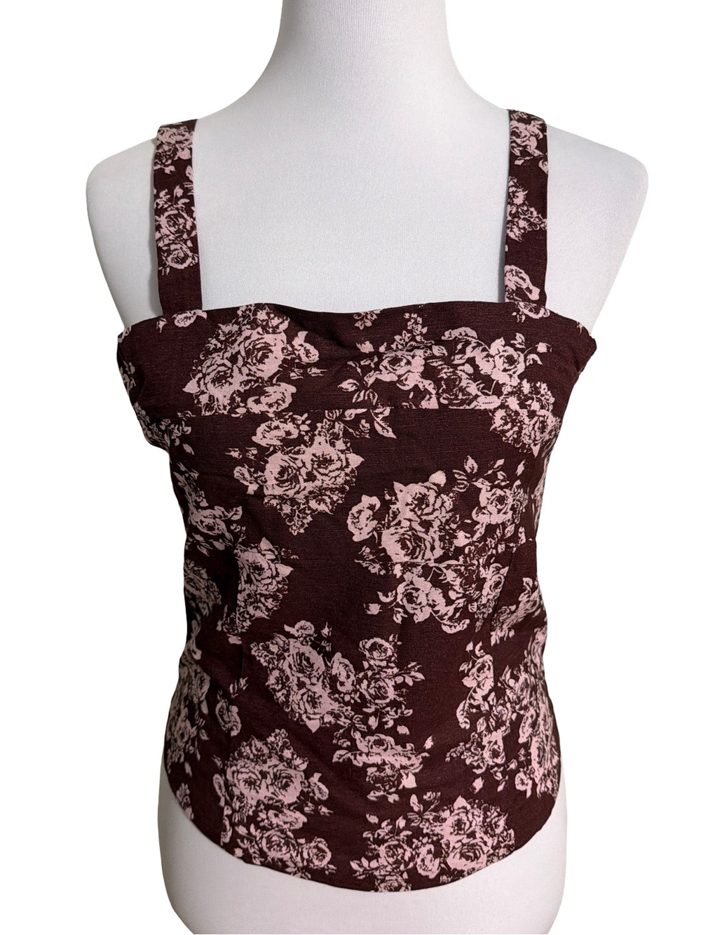 Square-Neck Floral Linen Tank Top in Dark Brown with Pink Roses